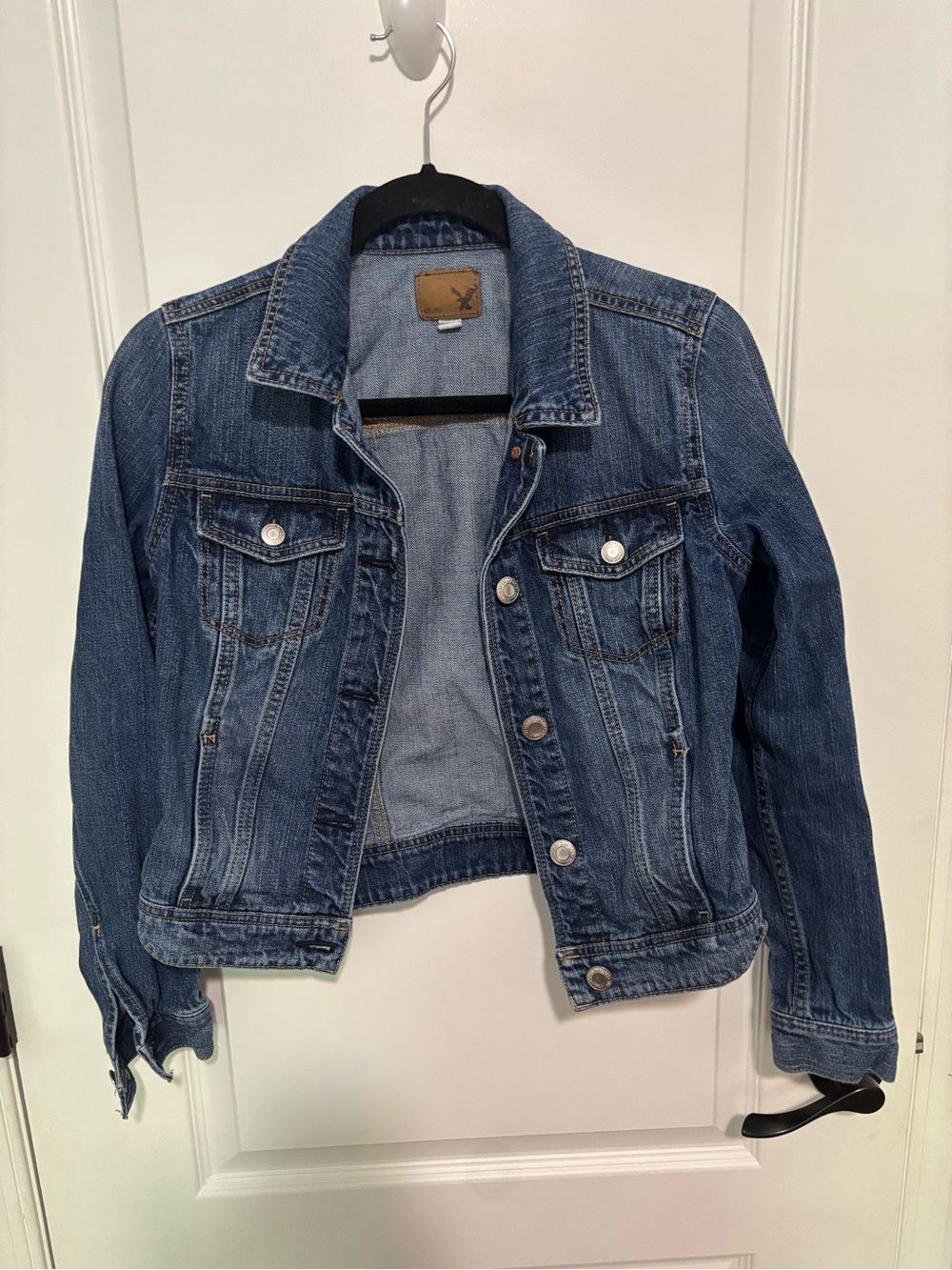 American Eagle Outfitters Light Blue Denim Jacket with Brown Leather Patch